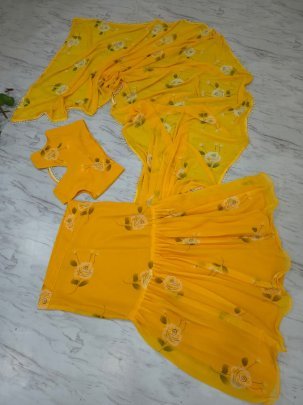 Georgette Fabric Picho Work Yellow Colour Ready To Wear Saree