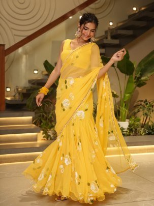 Georgette Fabric Picho Work Yellow Colour Ready To Wear Saree
