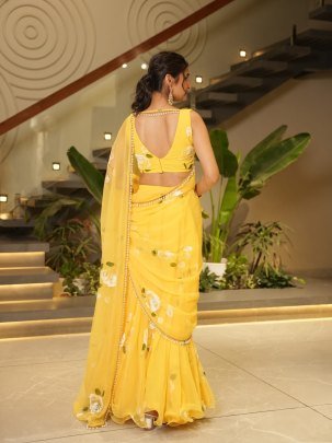 Georgette Fabric Picho Work Yellow Colour Ready To Wear Saree