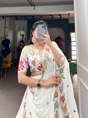 Georgette Sequins  Work White lehenga With Choli