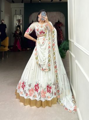 Georgette Sequins  Work White lehenga With Choli