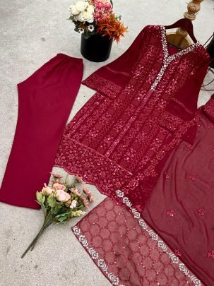 Glitzina Georgette  Maroon Set