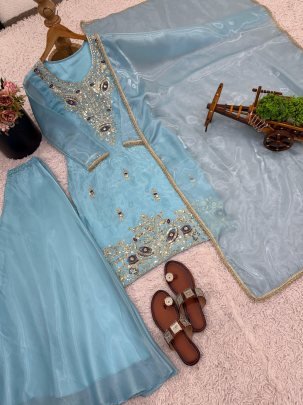 Gmy  Choo  Fabric Sky Blue Colour Palazzo Suit