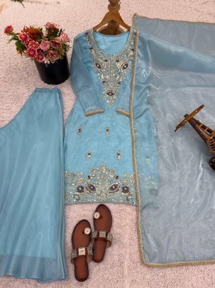 Gmy  Choo  Fabric Sky Blue Colour Palazzo Suit
