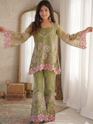 Gold Crushed Silk Pista Colour Palazzo Top With Blouse