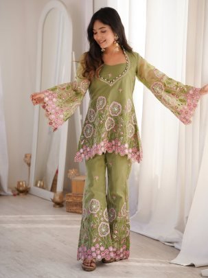 Gold Crushed Silk Pista Colour Palazzo Top With Blouse