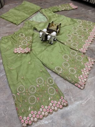 Gold Crushed Silk Pista Colour Palazzo Top With Blouse