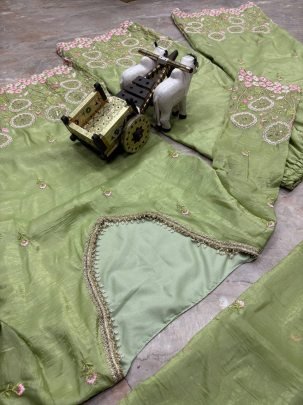 Gold Crushed Silk Pista Colour Palazzo Top With Blouse