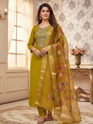 Golden Glow Roman Silk 3pis Kurti Set
