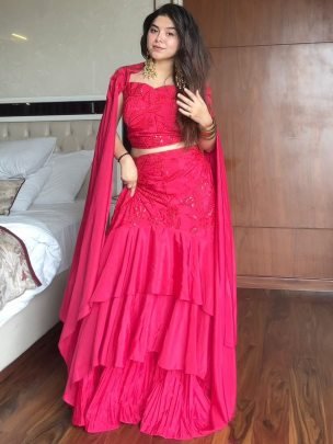 Graceful Layered Ruffle Lehenga with Cape Dupatta
