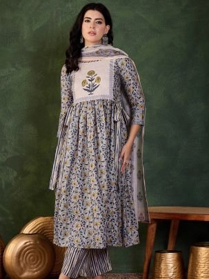 Gray  Colour Silk Fabric Kurti 3 Pcs  Set