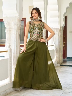 Green Aura Designer georgette Plazzo Set