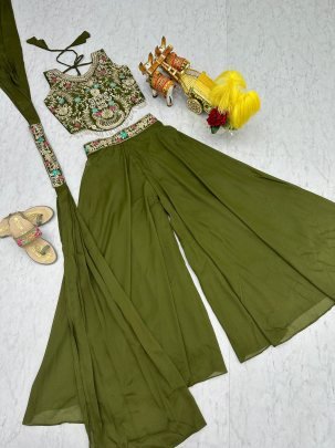 Green Aura Designer georgette Plazzo Set