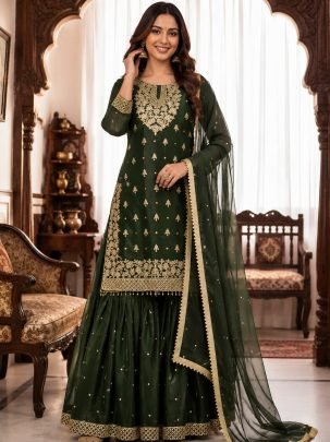 Green Colour Sequence Work Sharara Suit