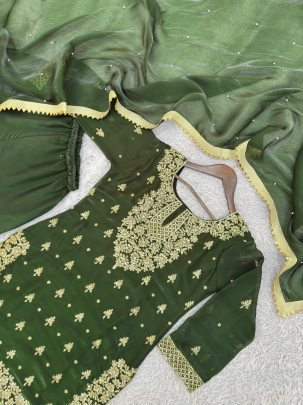 Green Colour Sequence Work Sharara Suit