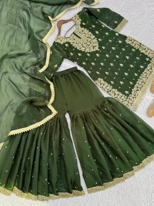 Green Colour Sequence Work Sharara Suit