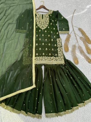 Green Colour Sequence Work Sharara Suit
