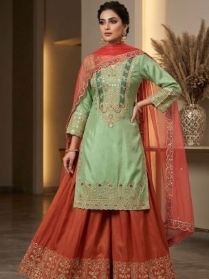 Green Cos Moss Kurti With Palazzo And Dupatta