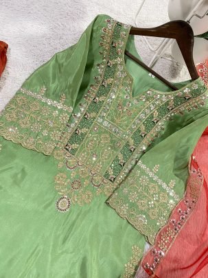 Green Cos Moss Kurti With Palazzo And Dupatta