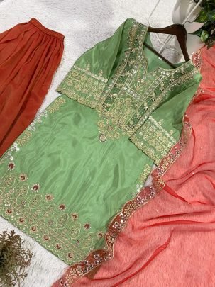 Green Cos Moss Kurti With Palazzo And Dupatta