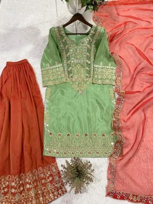 Green Cos Moss Kurti With Palazzo And Dupatta