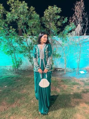 Green Crepe Satin Koti With Dhoti Lehenga