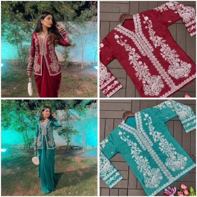 Green Crepe Satin Koti With Dhoti Lehenga