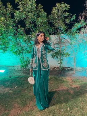 Green Crepe Satin Koti With Dhoti Lehenga