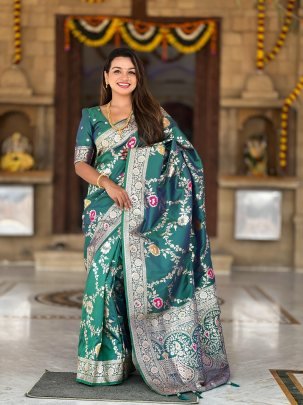 Green Flower Design Paithani Silk Saree With Matching Blouse Piece