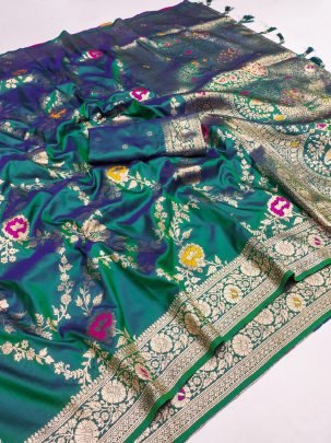Green Flower Design Paithani Silk Saree With Matching Blouse Piece
