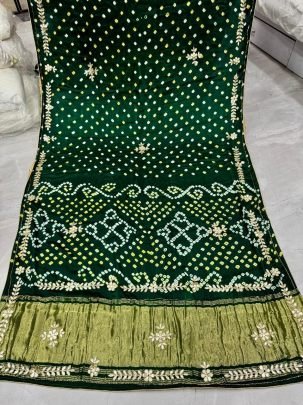 Green Gaji Silk Original Bandhani With Gota Patti Hand Work Saree
