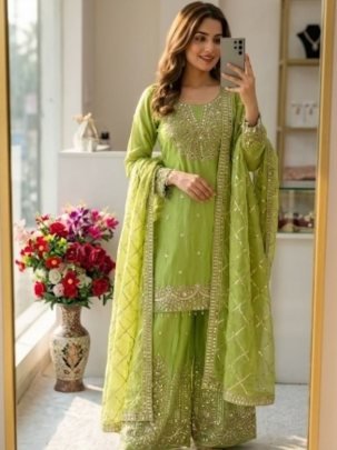 Green Embroidered Fendy Silk Sharara Suit With Beautiful Dupatta