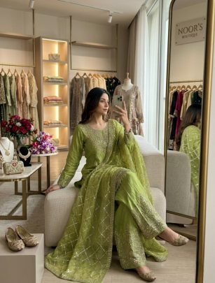 Green Embroidered Fendy Silk Sharara Suit With Beautiful Dupatta