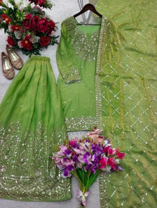 Green Embroidered Fendy Silk Sharara Suit With Beautiful Dupatta