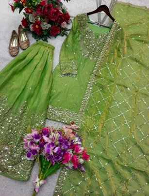 Green Embroidered Fendy Silk Sharara Suit With Beautiful Dupatta