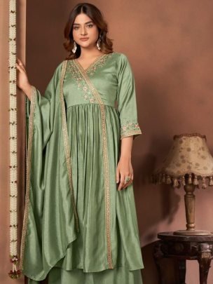 Green Vichitra Silk Anarkali Suit