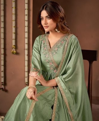 Green Vichitra Silk Anarkali Suit
