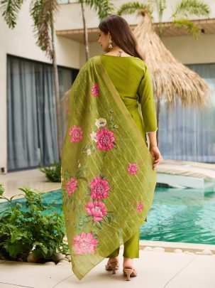 Green Viscose Kurta, Pant And Jacquard Dupatta Set
