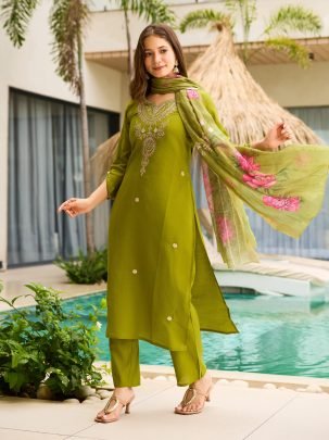 Green Viscose Kurta, Pant And Jacquard Dupatta Set