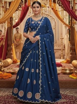 H.O Silk  Fabric Rama Colour  Lehenga Choli