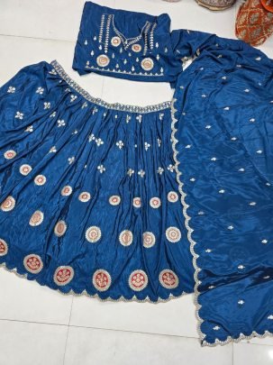 H.O Silk  Fabric Rama Colour  Lehenga Choli