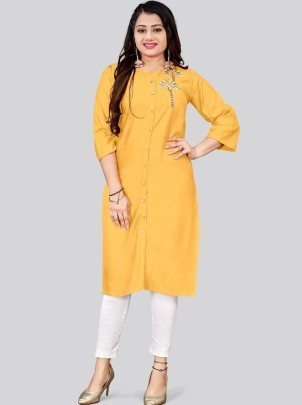 Haldi Casual Waer Rayon Fabric Yellow Colour Kurti
