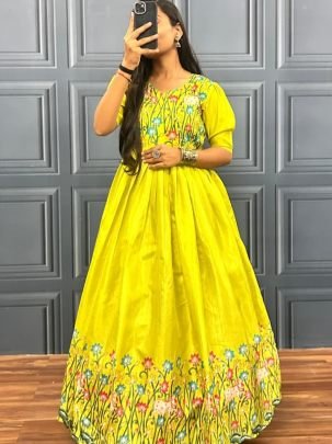 Haldi Wear  Printed Yellow Colour Gown