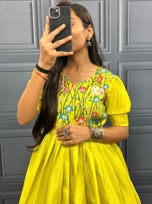 Haldi Wear  Printed Yellow Colour Gown