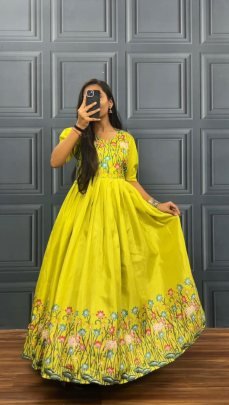 Haldi Wear  Printed Yellow Colour Gown
