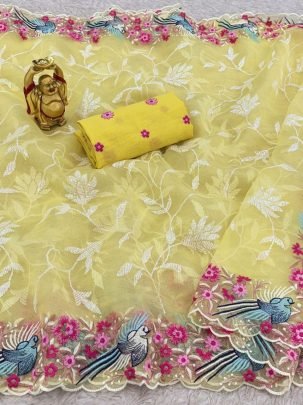 Haldi Wear Yellow Colour Embroidery Saree