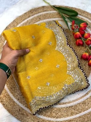 Haldi Wear Yellow Colour Embroidery Work Saree