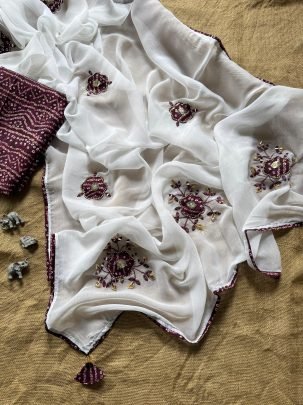 Hand Embroidery Work Violet Colour Saree