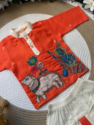 Hand Work Orange Colour Kids Kurta With Dhoti