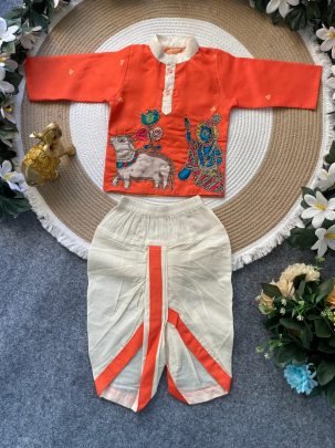 Hand Work Orange Colour Kids Kurta With Dhoti